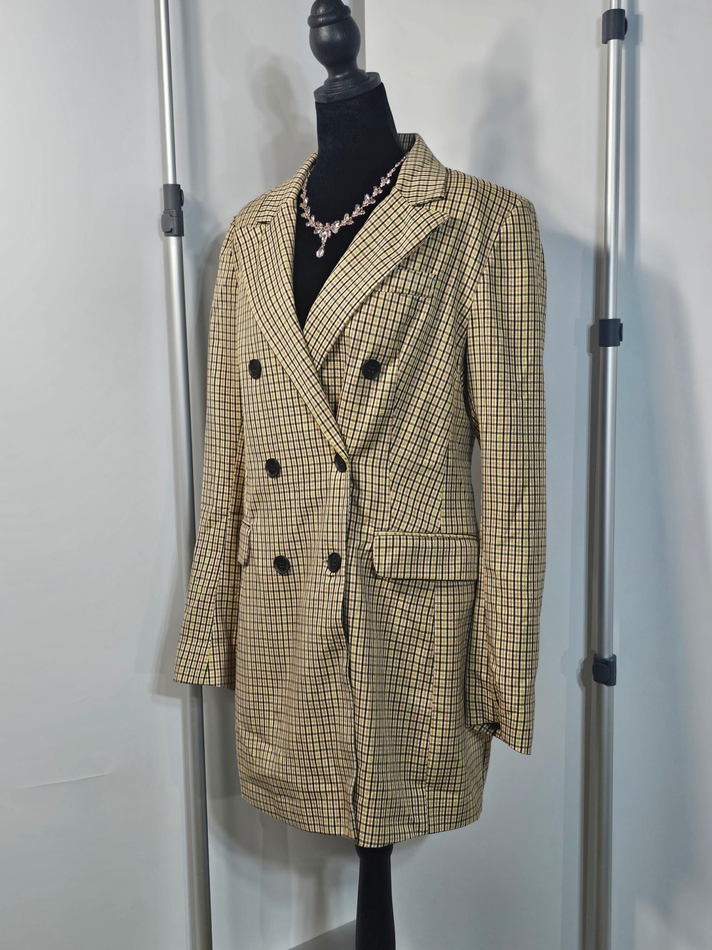 #196 Bershka Plaid Double-Breasted Longline Blazer Jacket Size L